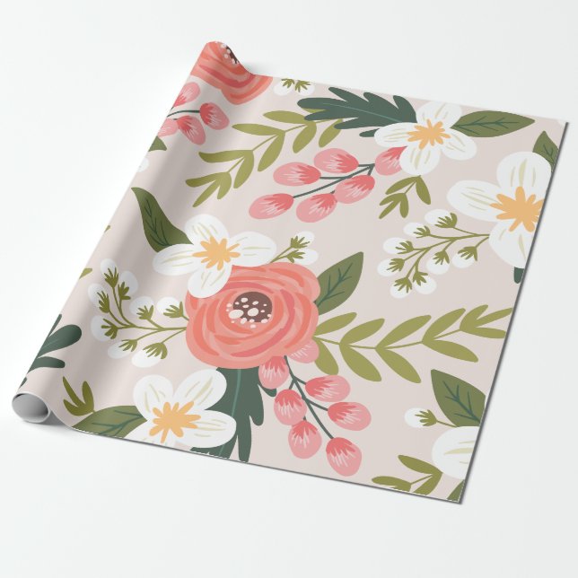 Lush Folksy Florals in Blush Pink Wrapping Paper (Unrolled)