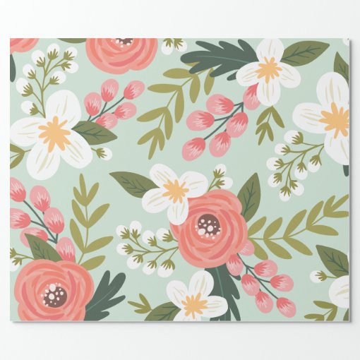 Lush Folksy Florals In Mint Green Wrapping Paper 