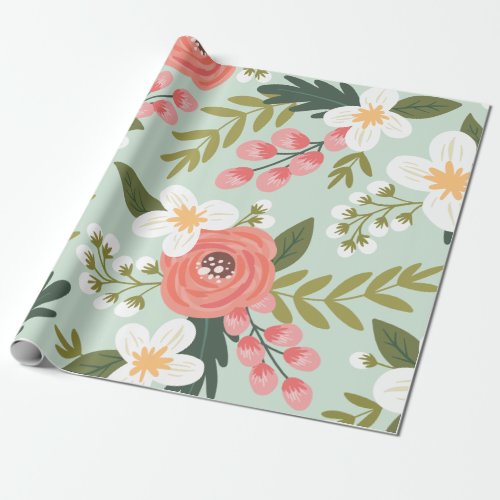 Lush Folksy Florals in Mint Green Wrapping Paper