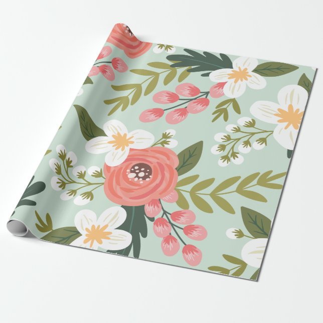 Lush Folksy Florals in Mint Green Wrapping Paper (Unrolled)