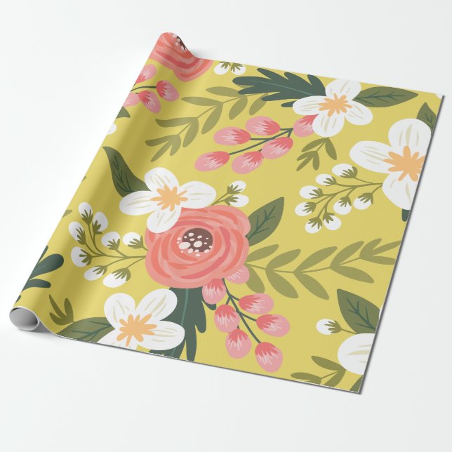 Lush Folksy Florals in Sunshine Yellow Wrapping Paper (Unrolled)