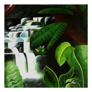 Lush Forest Waterfall In Geometric Art Style v2 Poster