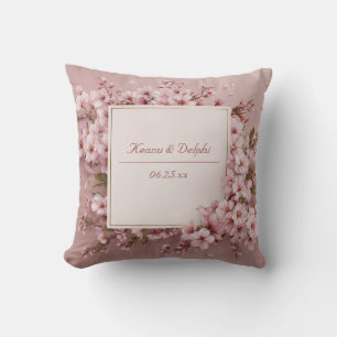 Lush Full Frame Pink Cherry Blossom Gold Border Throw Pillow