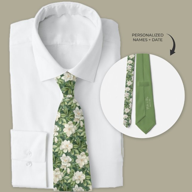 Lush Garden Green and White Gardenia Floral  Neck Tie (Lush green and white gardenia floral pattern wedding necktie.)