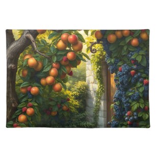 Lush Garden Scene With Ripe Apples And Grapes Cloth Placemat
