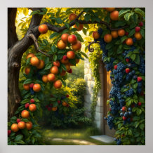 Lush Garden Scene With Ripe Apples And Grapes