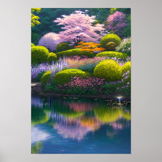 Lush Garden with a Stunning Sakura Tree Poster (Front)