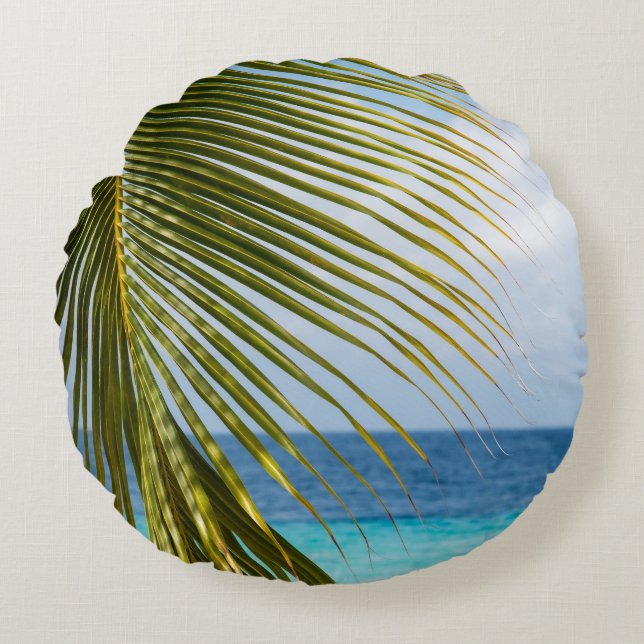 Lush Glam Palm Ocean 1 Round Pillow (Front)