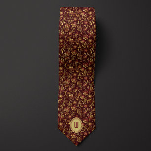 Lush Gold Flowers on Burgundy Monogram Neck Tie