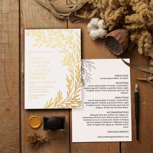 Lush Golden Greenery Informal 2 in 1 Wedding Foil Invitation