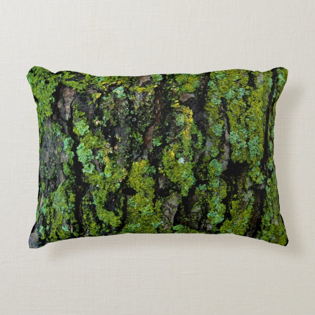 Lush, green, and mossy tree trunk accent pillow (Front)