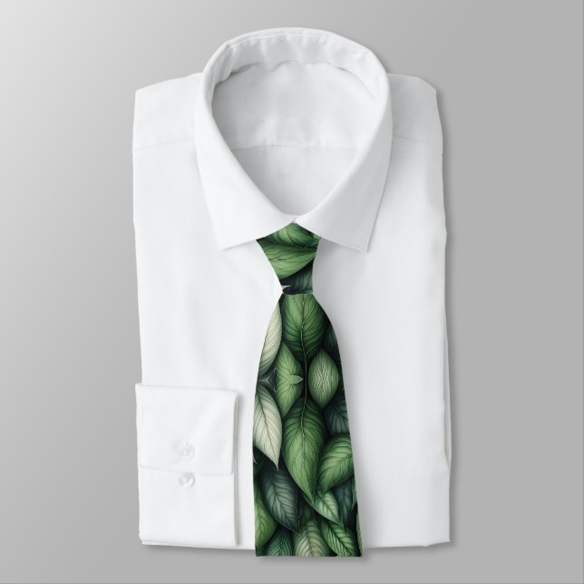 Lush Green Botanical Leaf Pattern Neck Tie (Tied)