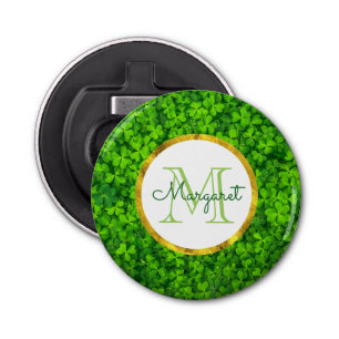 Lush Green Clovers with FAUX Gold Foil & Monogram Bottle Opener