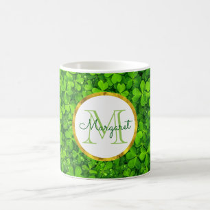 Lush Green Clovers with FAUX Gold Foil & Monogram Coffee Mug