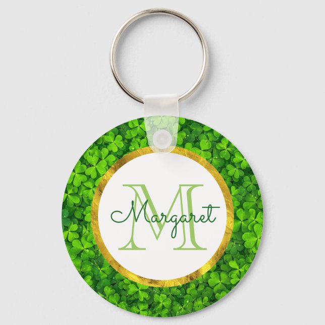 Lush Green Clovers with FAUX Gold Foil & Monogram Keychain (Front)