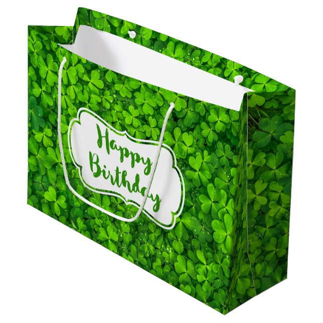Lush Green Clovers with Water Drops Birthday Large Gift Bag (Front Angled)