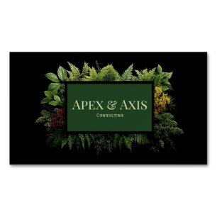 Lush Green Fern Foliage Black Modern Botanical Business Card Magnet