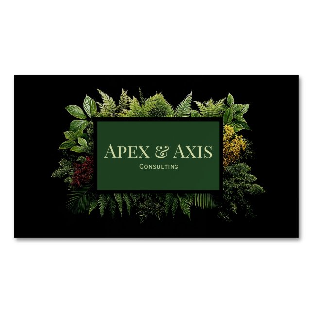 Lush Green Fern Foliage Black Modern Botanical Business Card Magnet (Front)