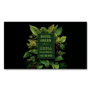 Lush Green Fern Foliage Black Modern Botanical Business Card Magnet