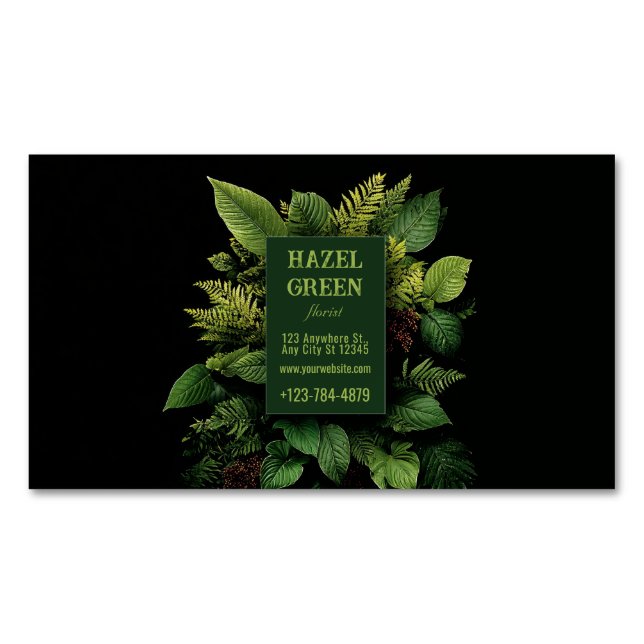 Lush Green Fern Foliage Black Modern Botanical Business Card Magnet (Front)