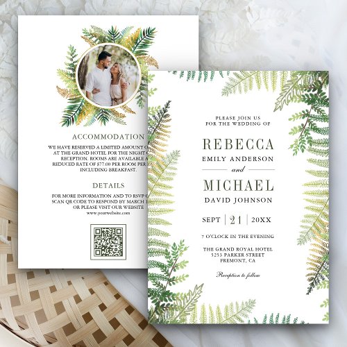 Lush Green Ferns Photo All in One QR Code Wedding Invitation