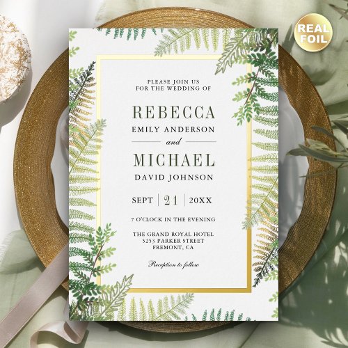 Lush Green Ferns Photo All in One Wedding Gold Foil Invitation