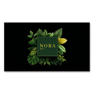 Lush Green Foliage Black Gold Frame Botanical Business Card Magnet