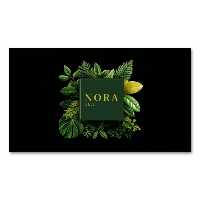 Lush Green Foliage Black Gold Frame Botanical Business Card Magnet (Front)