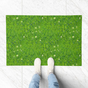 Lush Green Grass and Daisies Pattern Doormat