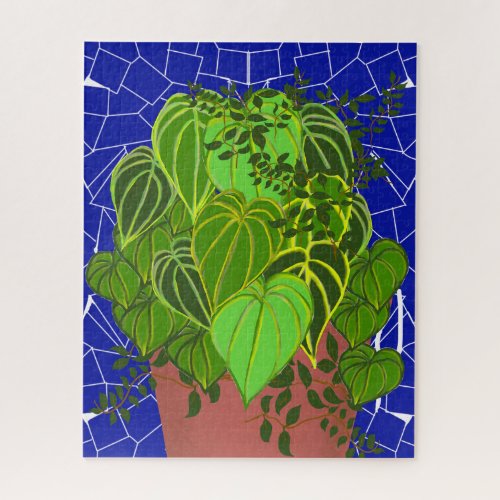 Lush Green Leaves in Terra Cotta on Blue Mosaic Jigsaw Puzzle
