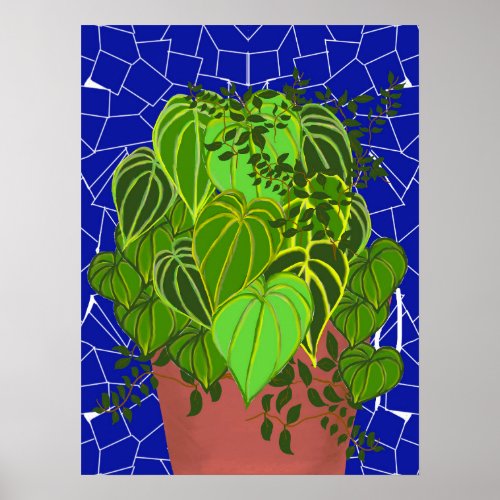 Lush Green Leaves in Terra Cotta on Blue Mosaic Poster