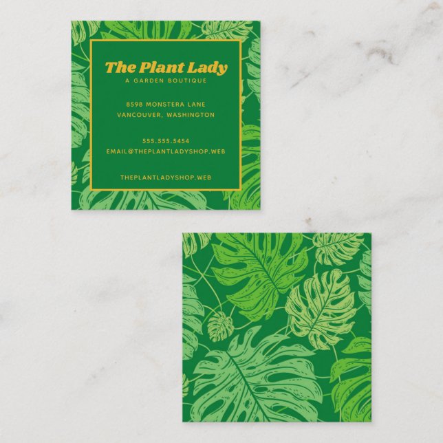 Lush Green Monstera Leaves Square Business Card (Front/Back)