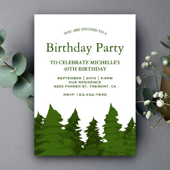 Lush Green Pine Trees Forest Birthday Party Invitation by ShabzDesigns at Zazzle