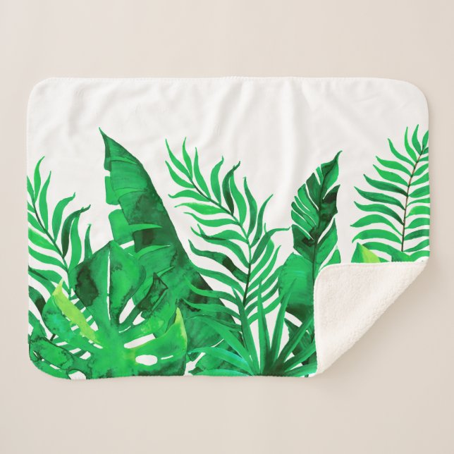 Lush Green - Watercolor Tropical Foliage - Sherpa Blanket (Front (Horizontal))