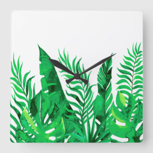 Lush Green - Watercolor Tropical Foliage - Square Wall Clock