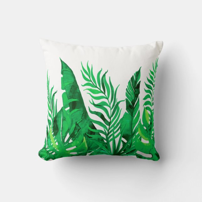 Lush Green - Watercolor Tropical Foliage - Throw Pillow (Front)