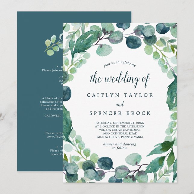 Lush Greenery and Eucalyptus All In One Wedding Invitation (Front/Back)