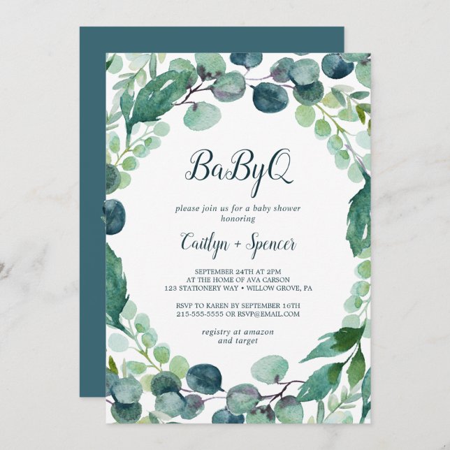 Lush Greenery and Eucalyptus BabyQ Invitation (Front/Back)