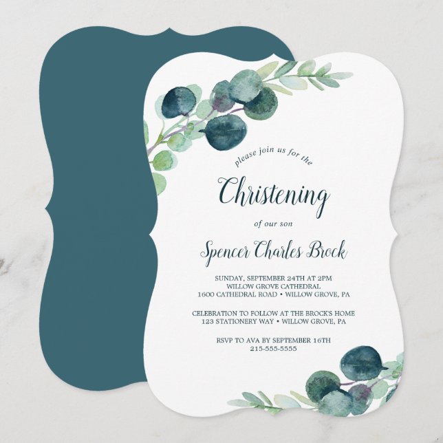 Lush Greenery and Eucalyptus Christening Invitation (Front/Back)