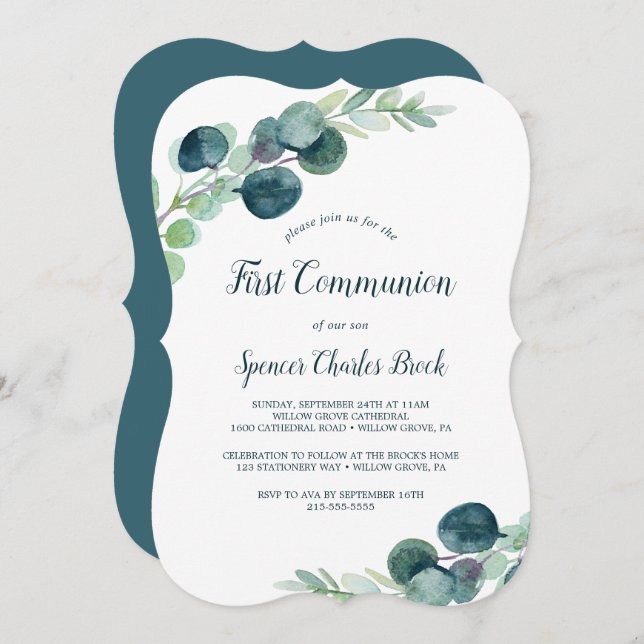 Lush Greenery and Eucalyptus First Communion Invitation (Front/Back)
