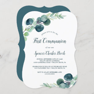 Lush Greenery and Eucalyptus First Communion Invitation