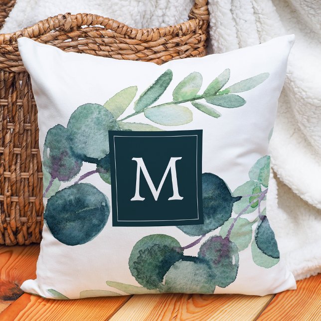 Lush Greenery and Eucalyptus Monogram Throw Pillow (Creator Uploaded)