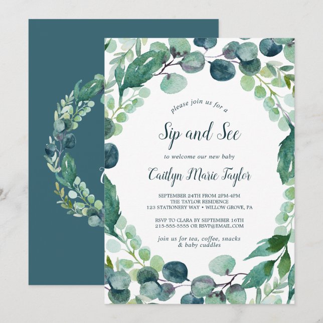 Lush Greenery and Eucalyptus Sip and See Invitation (Front/Back)