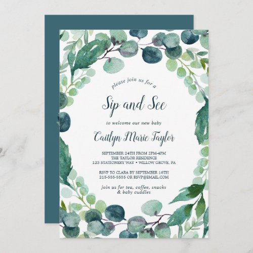 Lush Greenery and Eucalyptus Sip and See Invitation