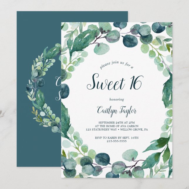 Lush Greenery and Eucalyptus Sweet 16 Invitation (Front/Back)