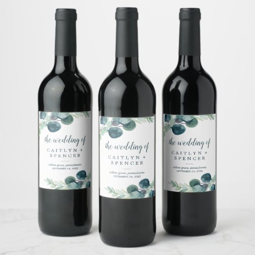 Lush Greenery and Eucalyptus Wedding Wine Label