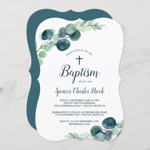 Lush Greenery and Eucalyptus with Cross Baptism Invitation