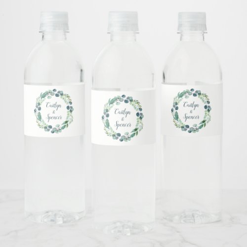 Lush Greenery and Eucalyptus Wreath Wedding Water Bottle Label