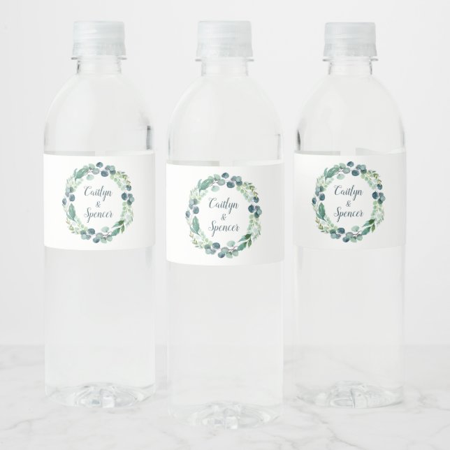 Lush Greenery and Eucalyptus Wreath Wedding Water Bottle Label (Bottles)