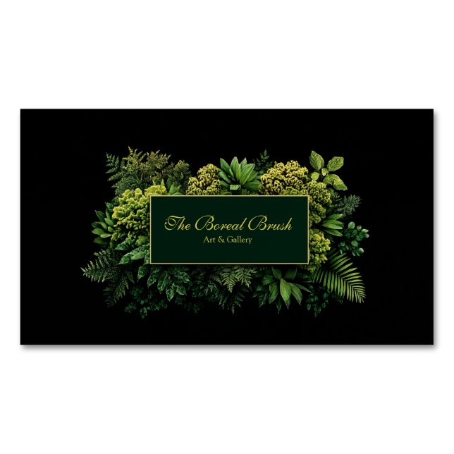 Lush Greenery Black Gold Frame Botanical Business Card Magnet (Front)